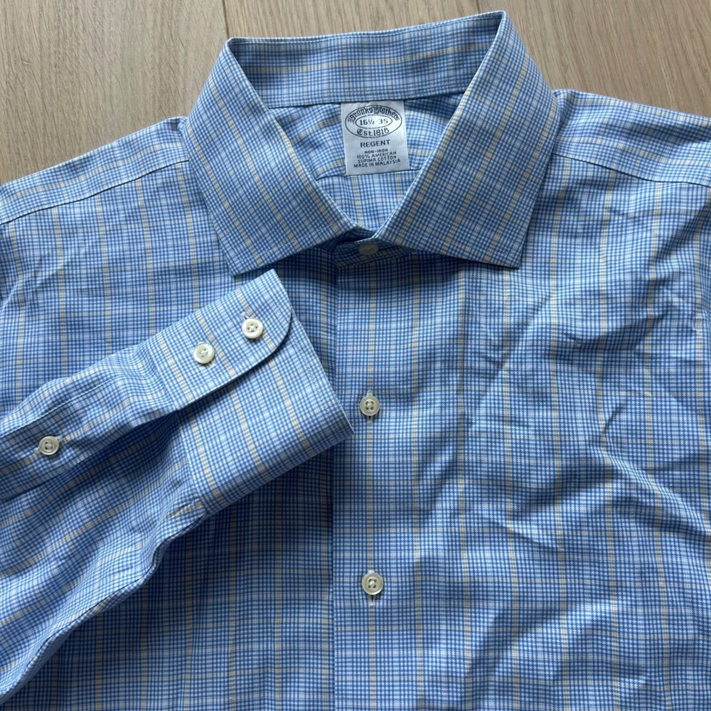 Brooks Brothers Dress Shirt Mens 16.5 35 Blue Regent Cotton Check‎ Preppy Office